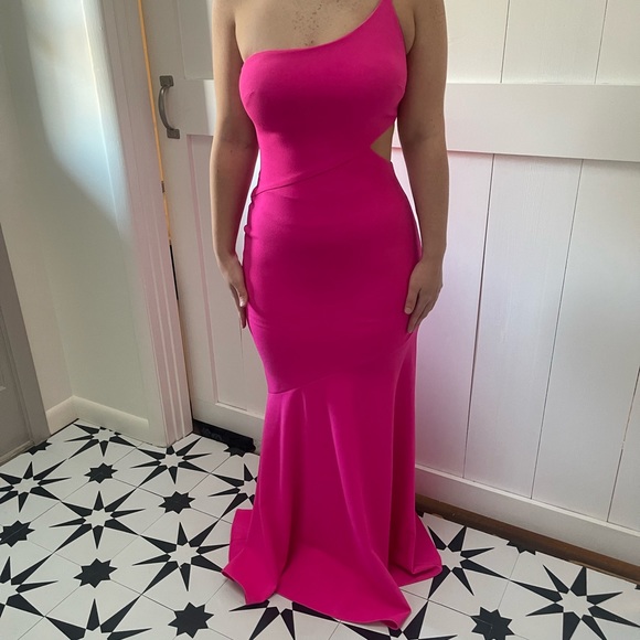 one shoulder barbie pink prom dress with cut out on the side - Picture 6 of 9